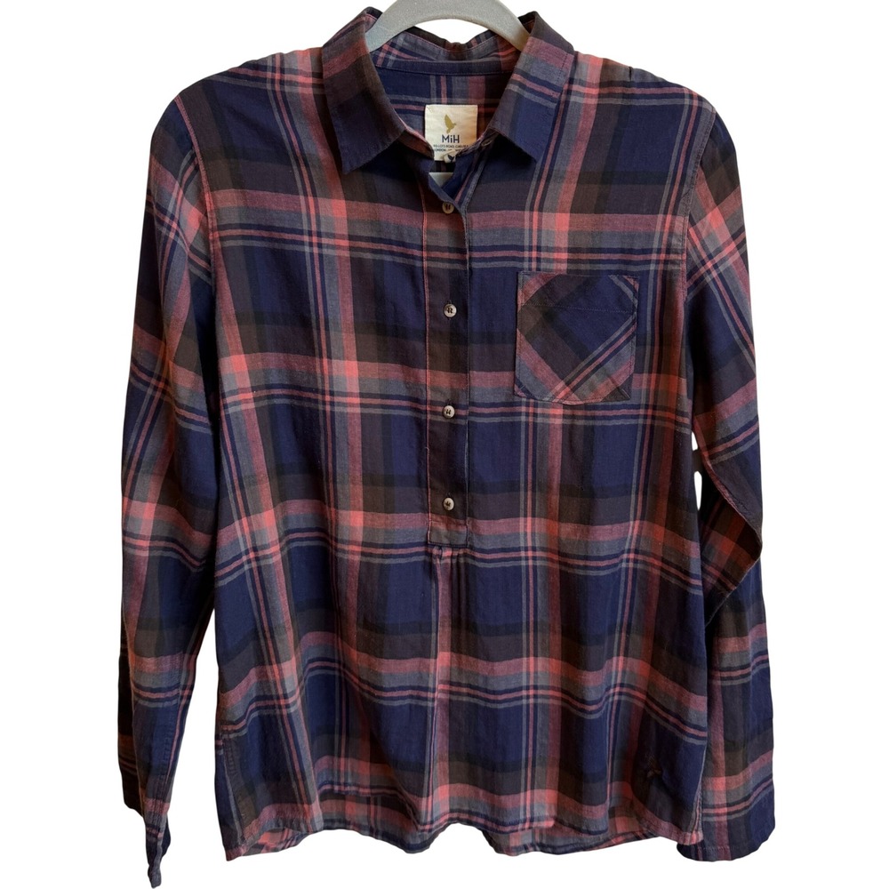 MiH Jeans Shuttle Notes Plaid Popover Shirt Womens S Navy Pink 100% Cotton